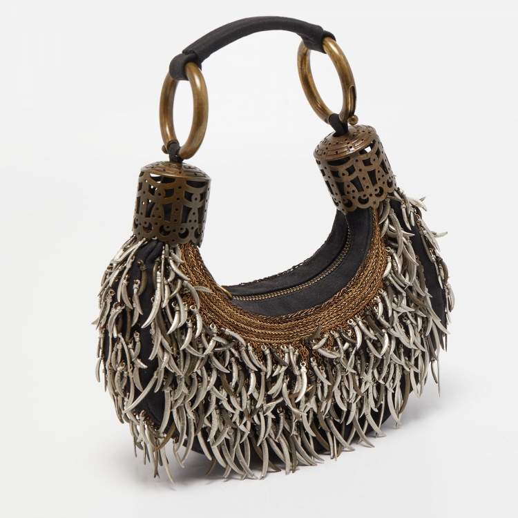 Pre Owned Chloe Black Canvas Embellished Crescent Hobo