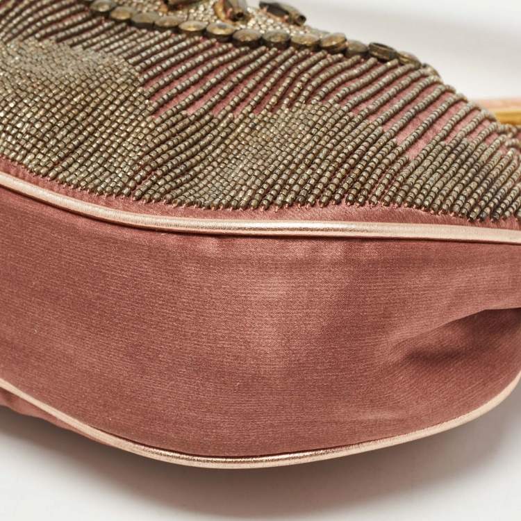 Pre Owned Chloe Old Rose/Metallic Fabric and Leather Embellished Crescent Hobo