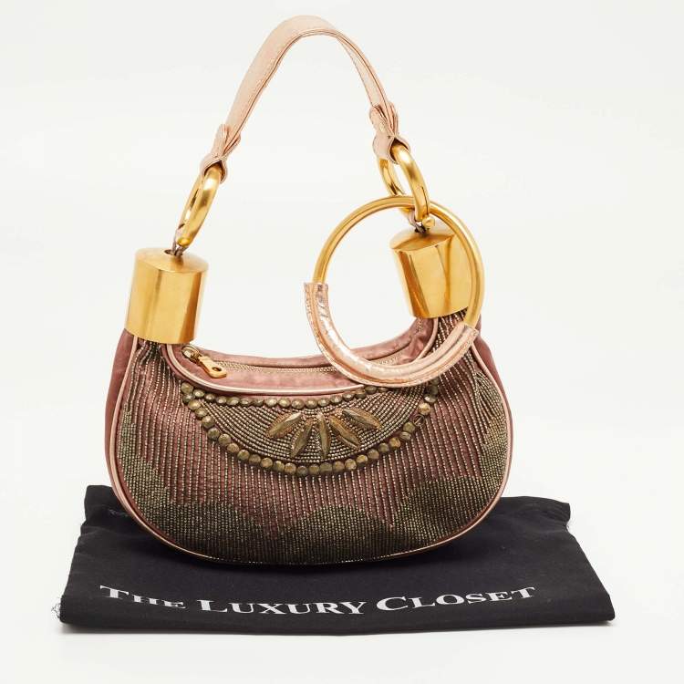 Pre Owned Chloe Old Rose/Metallic Fabric and Leather Embellished Crescent Hobo