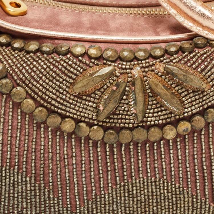 Pre Owned Chloe Old Rose/Metallic Fabric and Leather Embellished Crescent Hobo