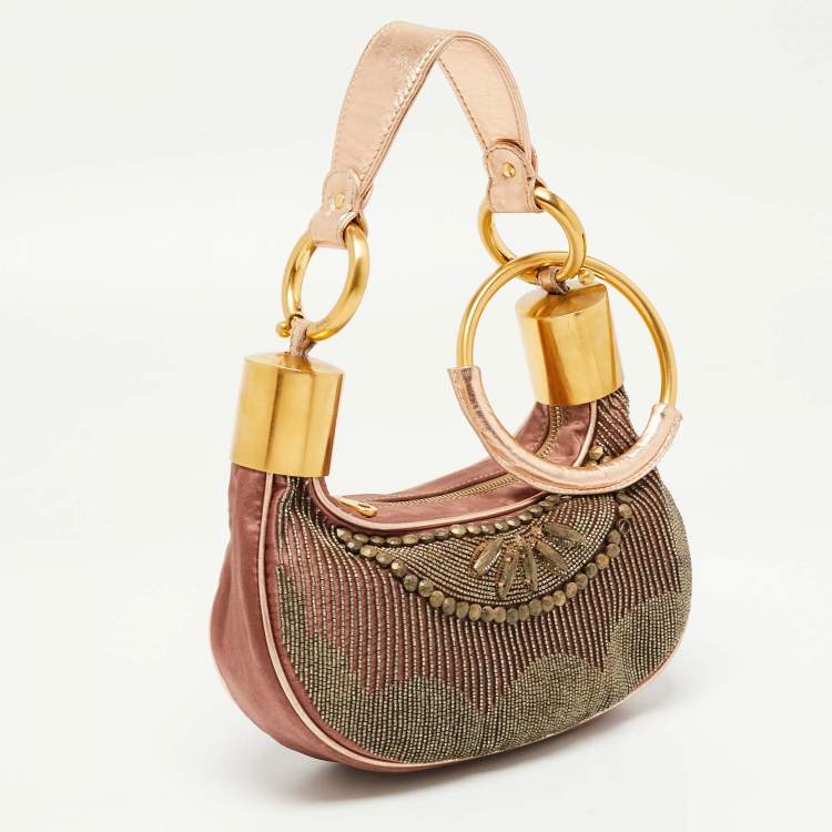 Pre Owned Chloe Old Rose/Metallic Fabric and Leather Embellished Crescent Hobo