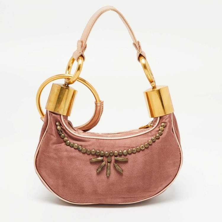 Pre Owned Chloe Old Rose/Metallic Fabric and Leather Embellished Crescent Hobo