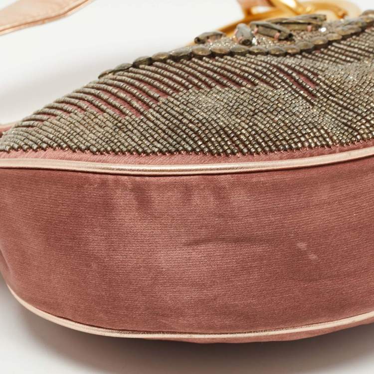 Pre Owned Chloe Old Rose/Metallic Fabric and Leather Embellished Crescent Hobo