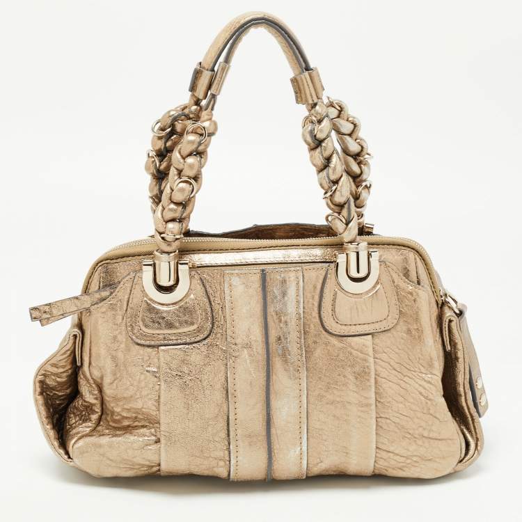 Pre Owned Chloe Metallic Gold Textured Leather Heloise Satchel