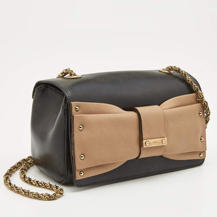مملوكة مسبقًا Chloe Black/Brown Leather June Bow Flap Shoulder Bag