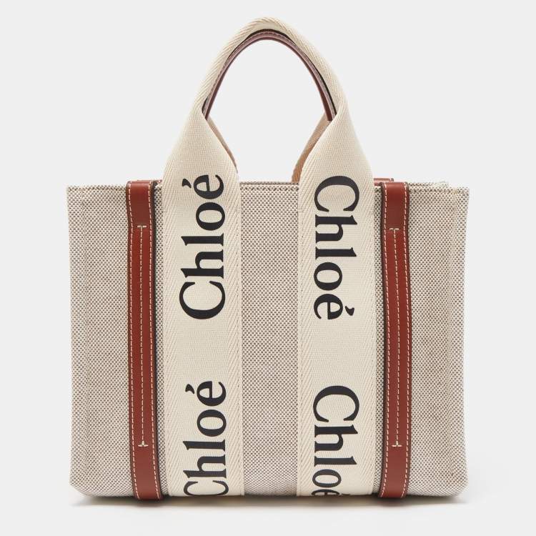 Pre Owned Chloe Brown/Beige Canvas and Leather Small Woody Tote