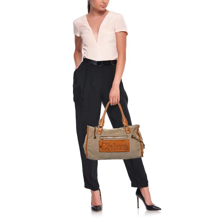 Pre Owned Chloe Beige/Tan Canvas and Leather Haley Tote