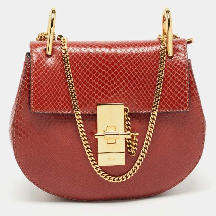مملوكة مسبقًا Chloe Brown Snakeskin Embossed Leather Small Drew Crossbody Bag
