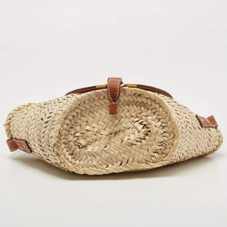مملوكة مسبقًا Chloe Brown/Beige Braided Raffia and Leather Small Marcie Basket Bag