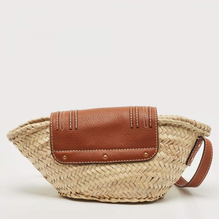 مملوكة مسبقًا Chloe Brown/Beige Braided Raffia and Leather Small Marcie Basket Bag