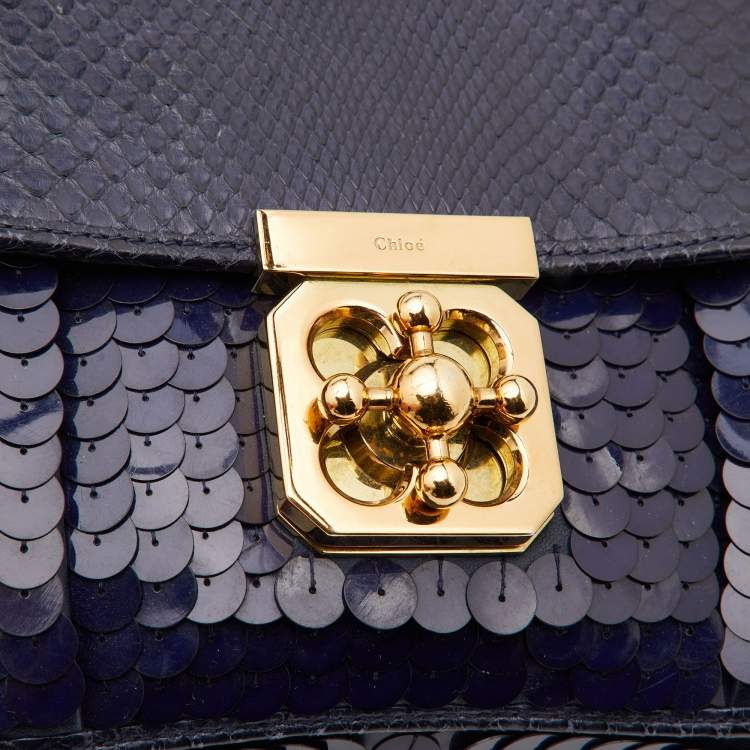 Pre Owned Chloé Navy Blue Sequins and Python Small Elsie Shoulder Bag