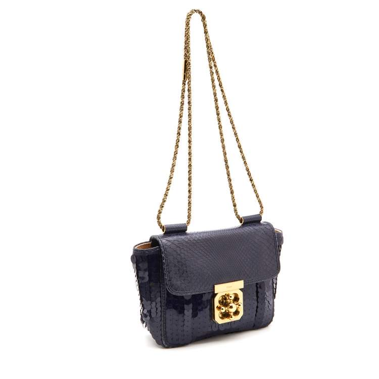 Pre Owned Chloé Navy Blue Sequins and Python Small Elsie Shoulder Bag