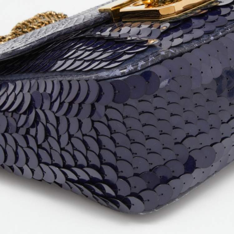 Pre Owned Chloé Navy Blue Sequins and Python Small Elsie Shoulder Bag