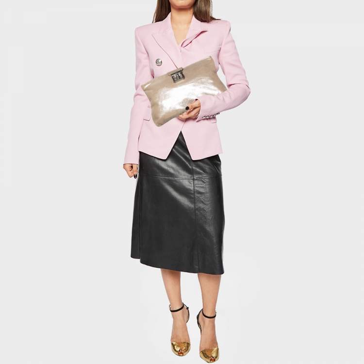 Pre Owned Chloe Metallic Beige Shimmering Leather Elsie Clutch