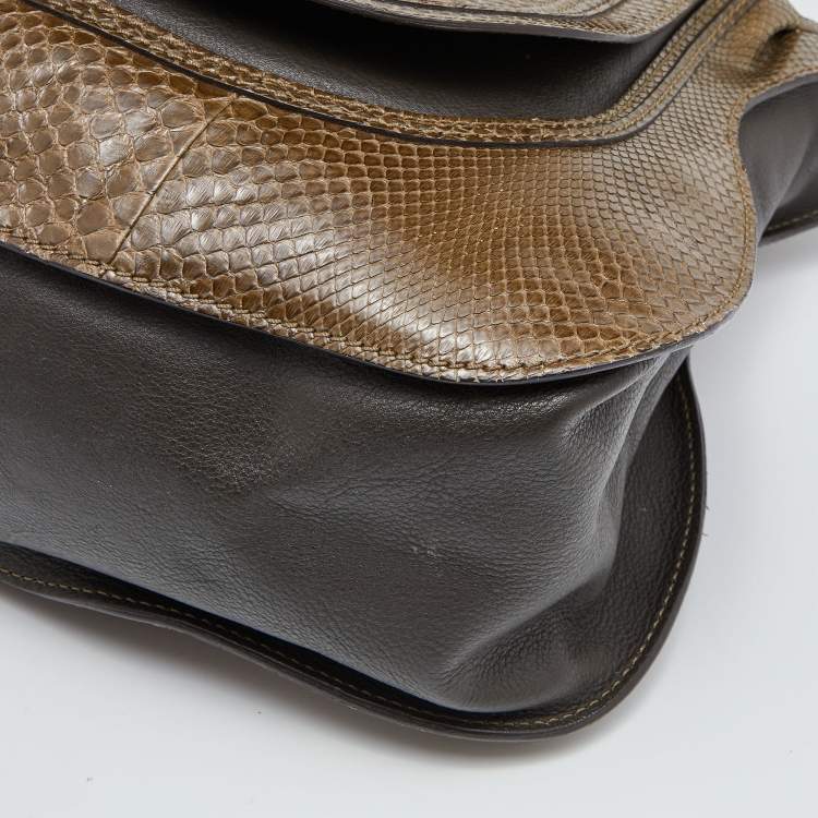 Pre Owned Chloe Two Tone Green Python and Leather Large Marcie Satchel 