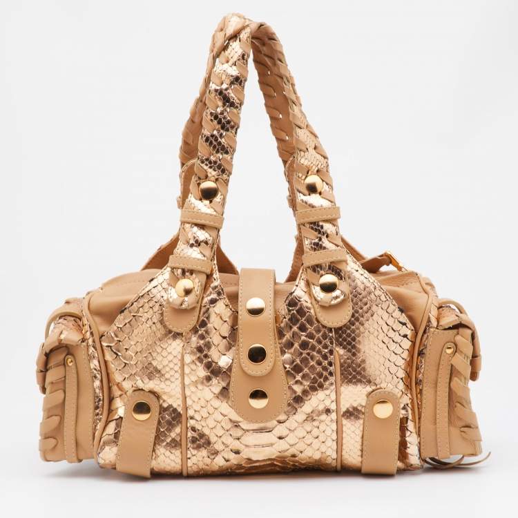 Pre Owned Chloe Gold/Beige Python and Leather Silverado Satchel