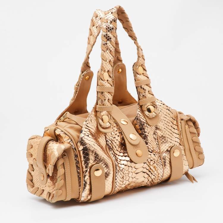 Pre Owned Chloe Gold/Beige Python and Leather Silverado Satchel