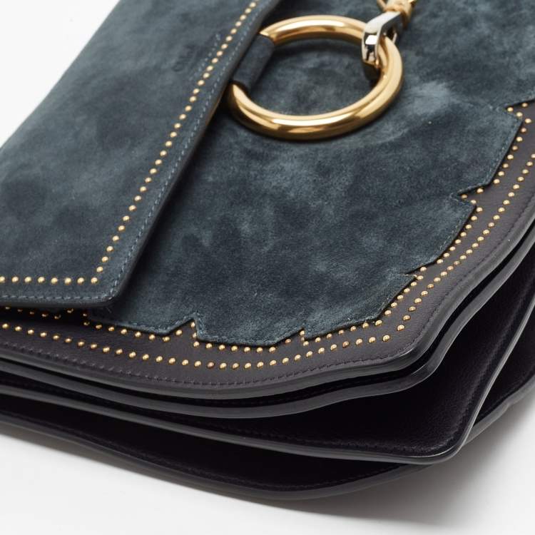 Pre Owned Chloe Black/Teal Leather and Suede Medium Studded Faye Shoulder Bag