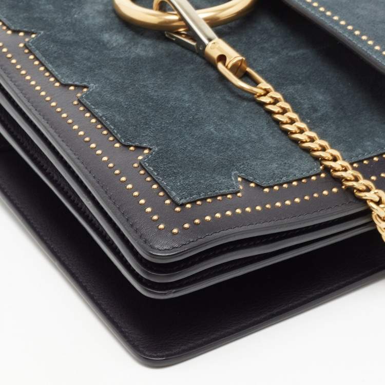 Pre Owned Chloe Black/Teal Leather and Suede Medium Studded Faye Shoulder Bag
