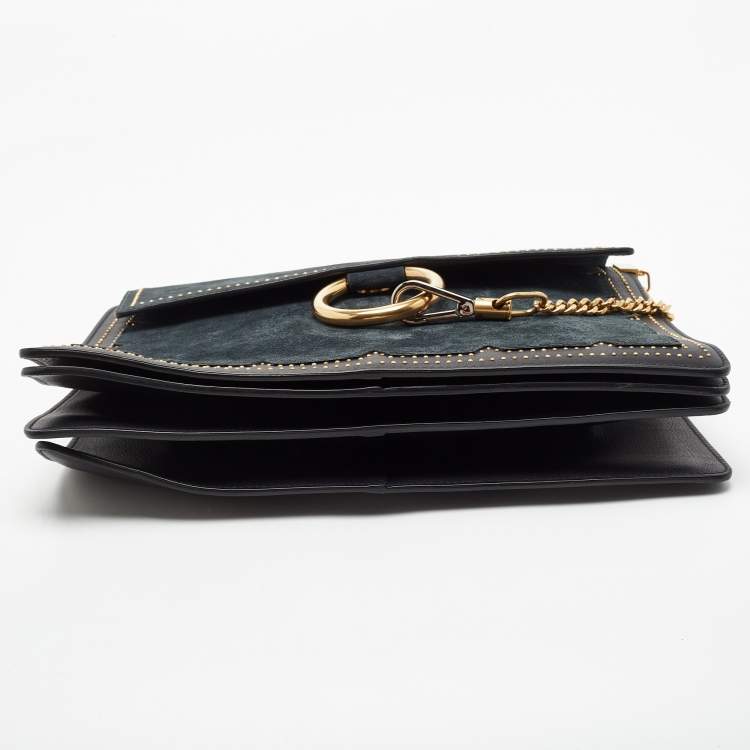 Pre Owned Chloe Black/Teal Leather and Suede Medium Studded Faye Shoulder Bag
