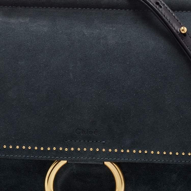 Pre Owned Chloe Black/Teal Leather and Suede Medium Studded Faye Shoulder Bag