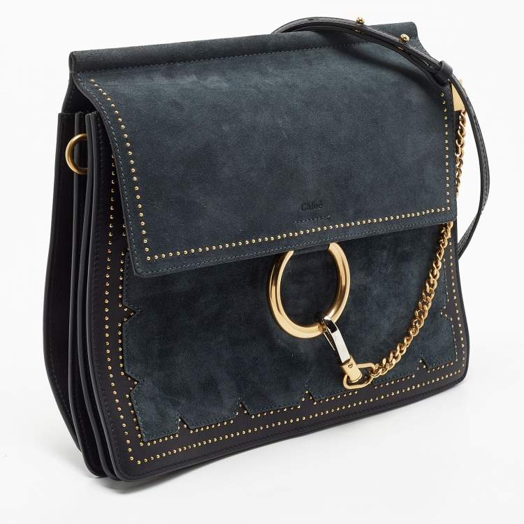 Pre Owned Chloe Black/Teal Leather and Suede Medium Studded Faye Shoulder Bag