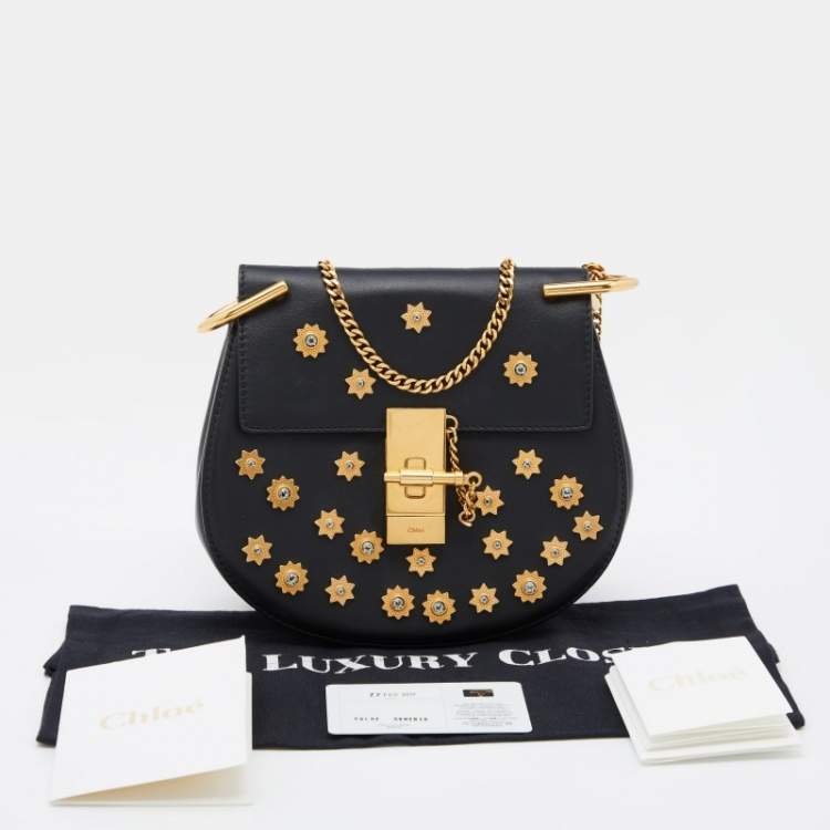 Pre Owned Chloe Black Leather Small Crystals Embellished Drew Shoulder Bag