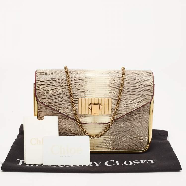 Pre Owned Chloe Beige/Black Lizard and Leather Small Sally Shoulder Bag