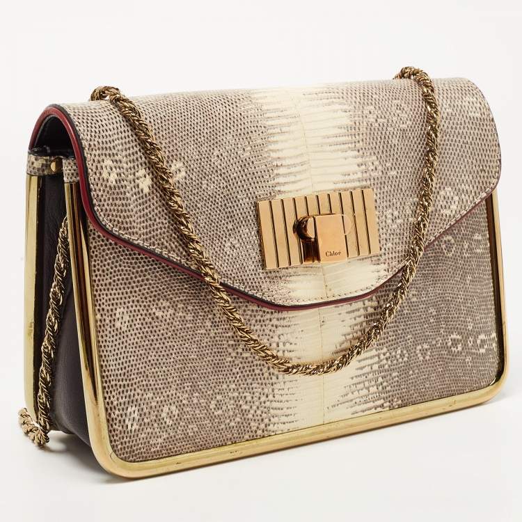 Pre Owned Chloe Beige/Black Lizard and Leather Small Sally Shoulder Bag