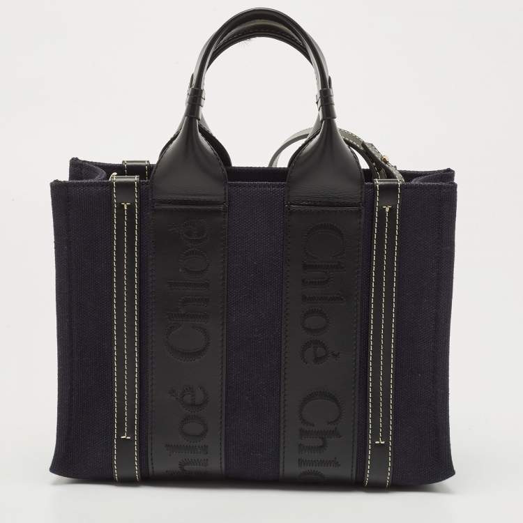 Pre Owned Chloe Navy Blue/Black Canvas and Leather Small Woody Tote