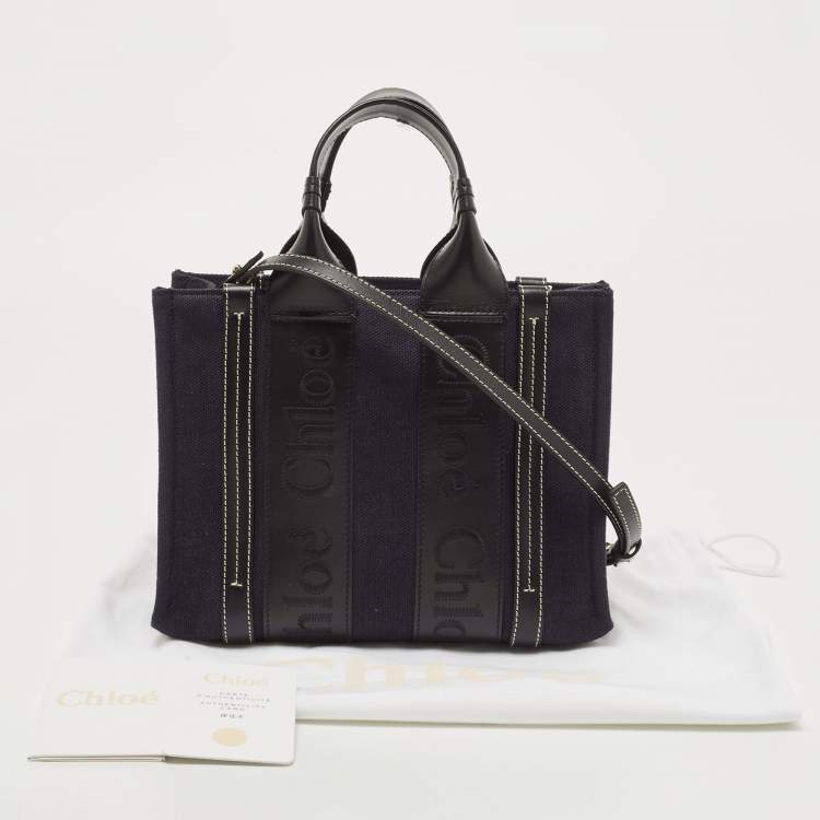 Pre Owned Chloe Navy Blue/Black Canvas and Leather Small Woody Tote