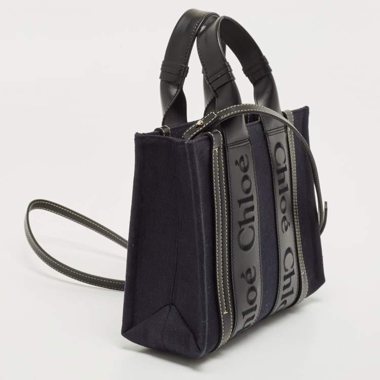 Pre Owned Chloe Navy Blue/Black Canvas and Leather Small Woody Tote