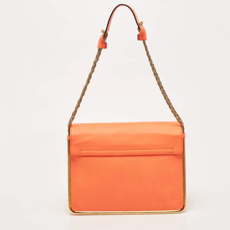 Pre Owned Chloe Neon Orange Pebbled Leather Medium Sally Flap Shoulder Bag