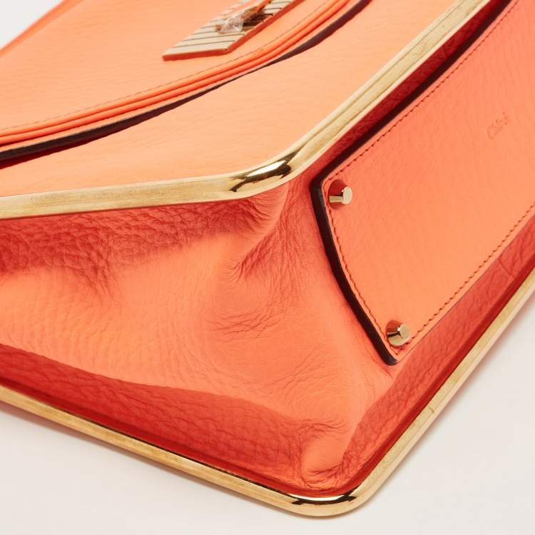 Pre Owned Chloe Neon Orange Pebbled Leather Medium Sally Flap Shoulder Bag
