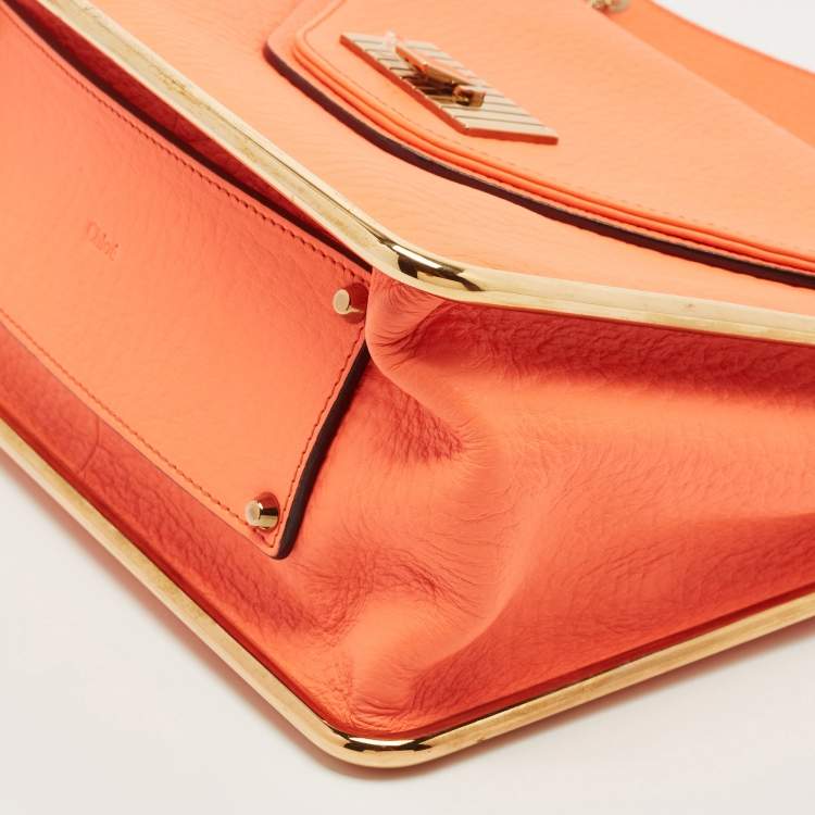 Pre Owned Chloe Neon Orange Pebbled Leather Medium Sally Flap Shoulder Bag