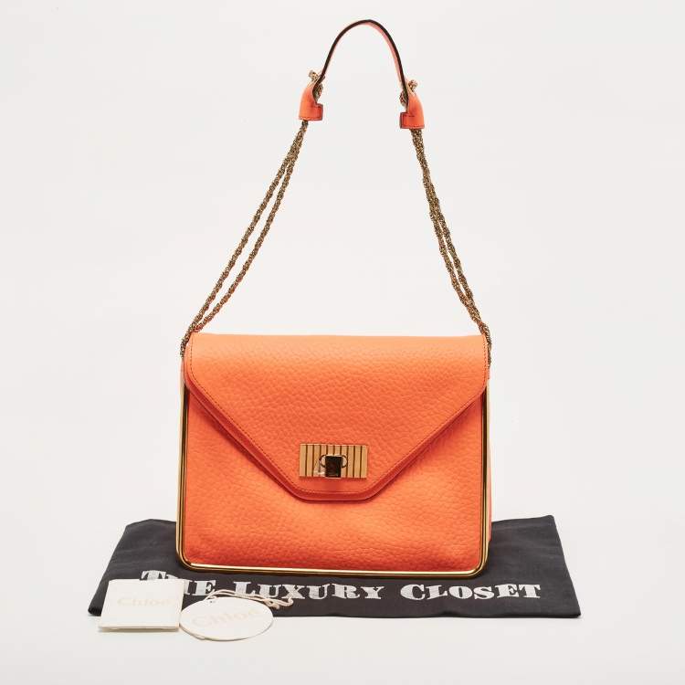 Pre Owned Chloe Neon Orange Pebbled Leather Medium Sally Flap Shoulder Bag