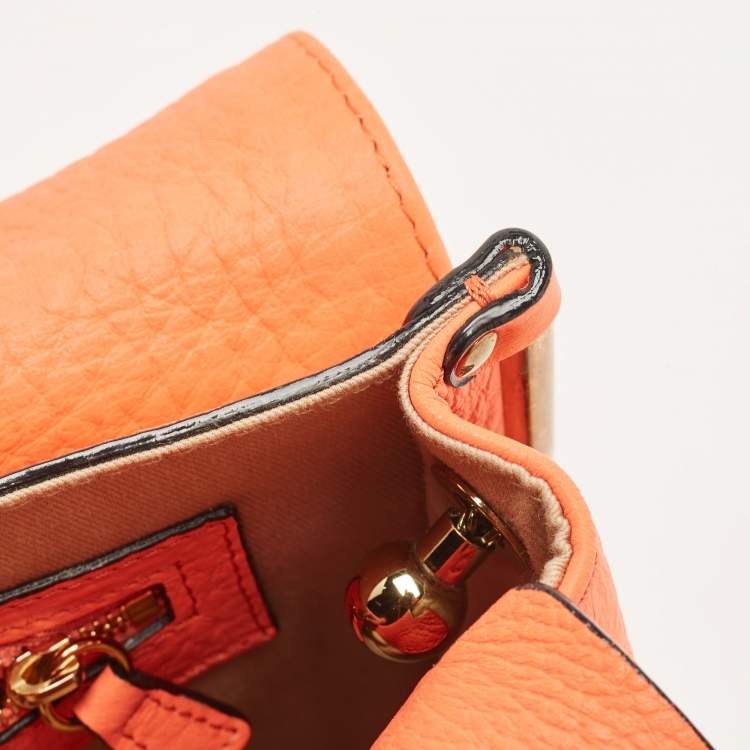 Pre Owned Chloe Neon Orange Pebbled Leather Medium Sally Flap Shoulder Bag
