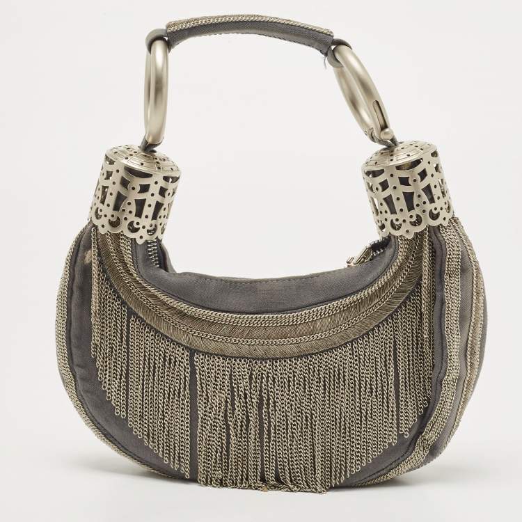 Pre Owned Chloe Light Blue Denim Chain Embellished Crescent Hobo