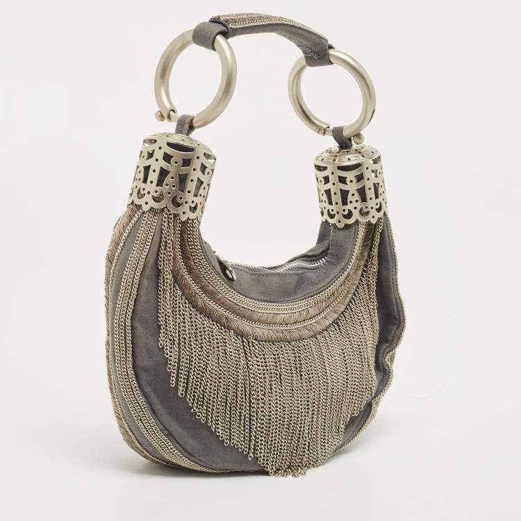 Pre Owned Chloe Light Blue Denim Chain Embellished Crescent Hobo