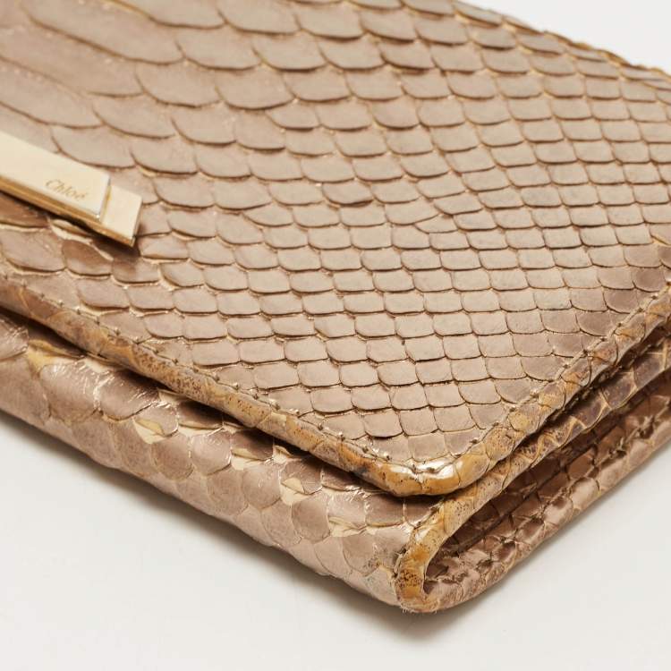 Pre Owned Chloe Metallic Beige Python Flap Continental Wallet
