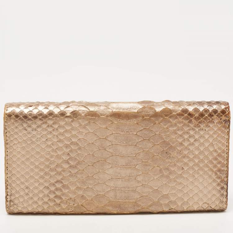 Pre Owned Chloe Metallic Beige Python Flap Continental Wallet