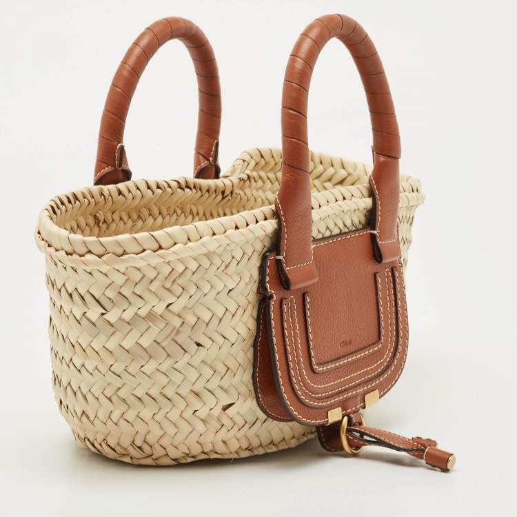 Pre Owned Chloe Brown/Natural Raffia and Leather Mini Marcie Basket Bag
