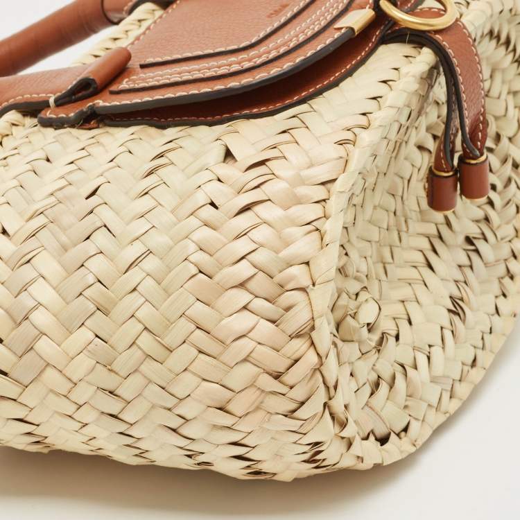Pre Owned Chloe Brown/Natural Raffia and Leather Mini Marcie Basket Bag