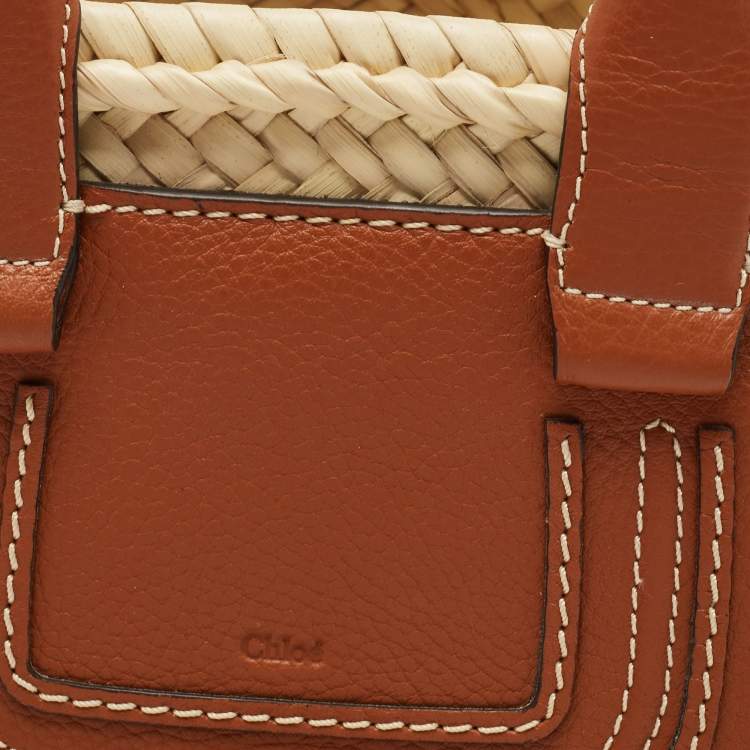Pre Owned Chloe Brown/Natural Raffia and Leather Mini Marcie Basket Bag