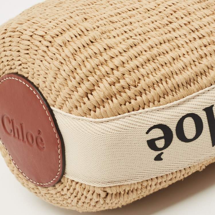 Pre Owned Chloe Beige/Tan Raffia and Leather Small Woody Bucket Bag