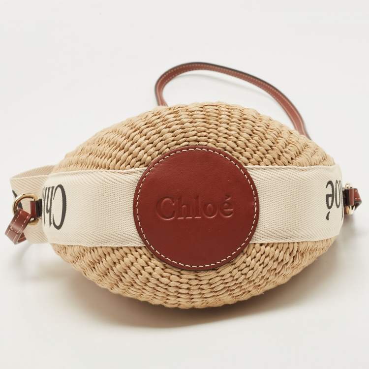 Pre Owned Chloe Beige/Tan Raffia and Leather Small Woody Bucket Bag