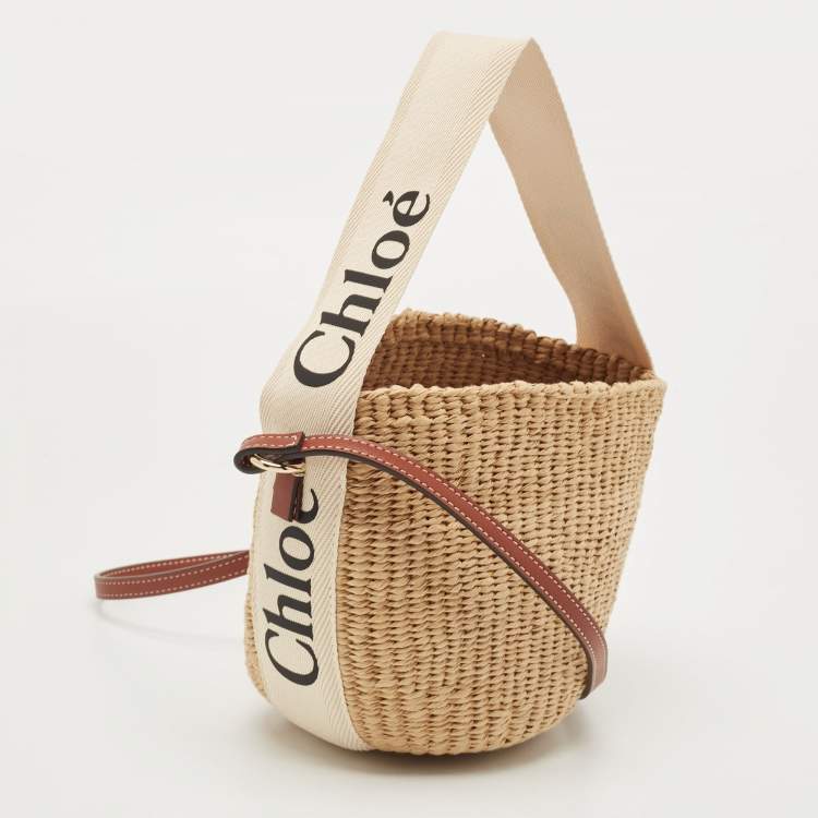 Pre Owned Chloe Beige/Tan Raffia and Leather Small Woody Bucket Bag
