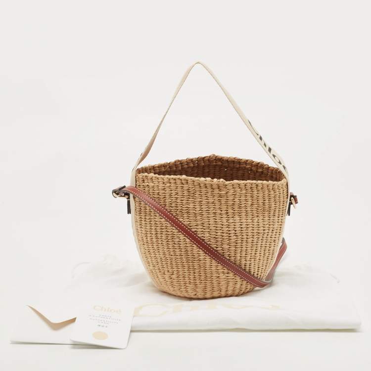 Pre Owned Chloe Beige/Tan Raffia and Leather Small Woody Bucket Bag