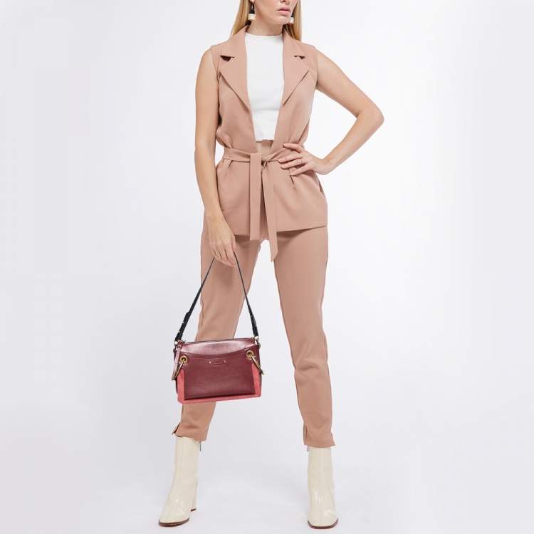 Pre Owned Chloe Maroon Leather and Suede Small Roy Shoulder Bag
