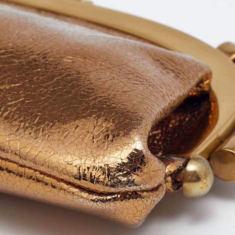 Pre Owned Chloe Gold Crinkled Laminated Leather Frame Clutch 